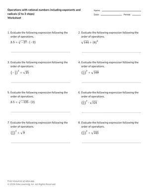 Operations with rational numbers including exponents and radicals (2 to 3 steps) worksheet preview