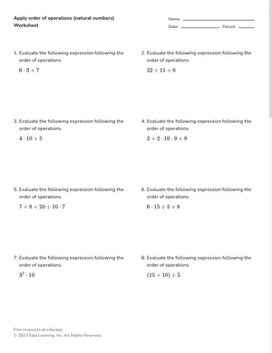 Apply order of operations (natural numbers) worksheet preview