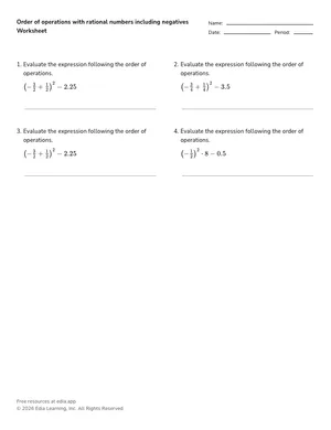 Order of operations with rational numbers including negatives worksheet preview