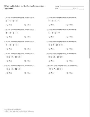 Relate multiplication and division number sentences worksheet preview