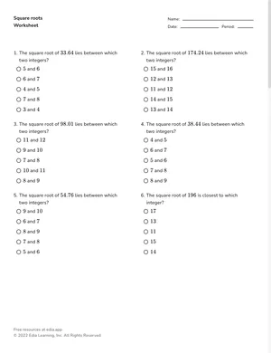 Work with square roots worksheet preview