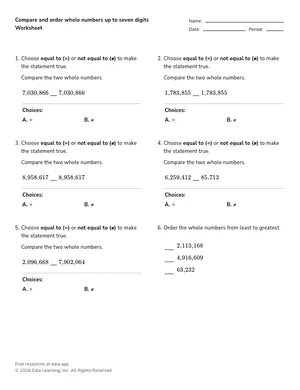 Compare and order whole numbers up to seven digits worksheet preview