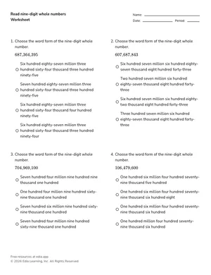 Read nine-digit whole numbers worksheet preview