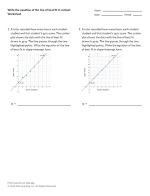 Write the equation of the line of best fit in context worksheet preview