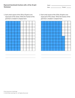 Represent benchmark fractions with a 10 by 10 grid worksheet preview