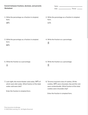 Convert between fractions, decimals, and percents worksheet preview