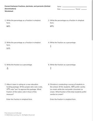 Convert between fractions, decimals, and percents (limited denominators) worksheet preview
