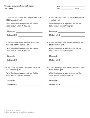 Generate equivalent forms with money worksheet preview