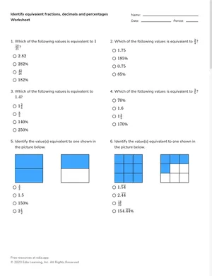 Identify equivalent fractions, decimals and percentages worksheet preview