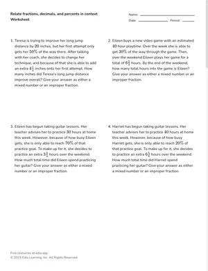 Relate fractions, decimals, and percents in context worksheet preview