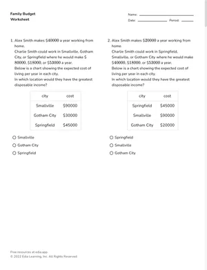 Compare income and cost of living in a budget worksheet preview