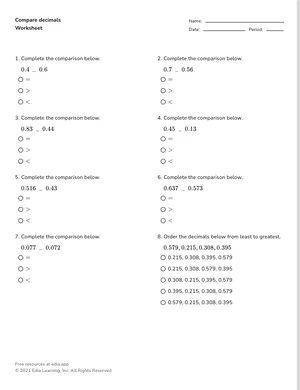 Compare decimals worksheet preview