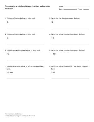 Convert rational numbers between fractions and decimals worksheet preview
