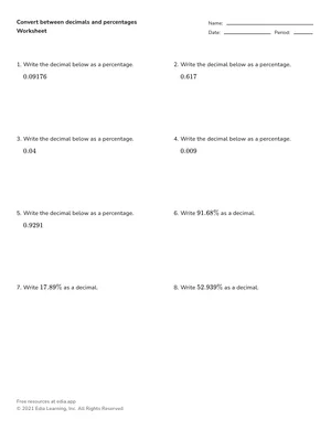 Convert between decimals and percentages worksheet preview