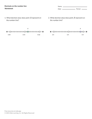 Find decimals on the number line worksheet preview