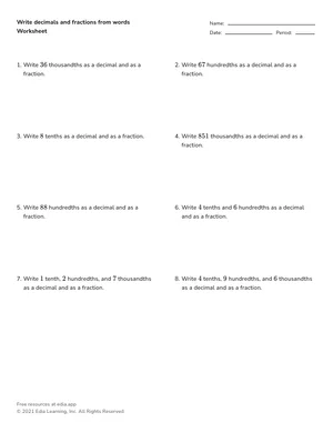Write decimals and fractions from words worksheet preview