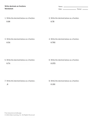 Write decimals as fractions worksheet preview