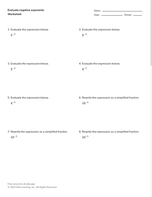 Evaluate negative exponents worksheet preview