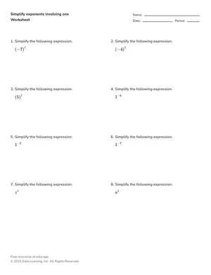 Simplify exponents involving one worksheet preview