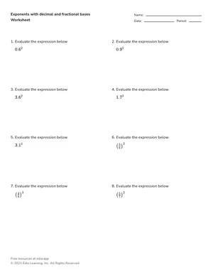 Exponents with decimal and fractional bases worksheet preview
