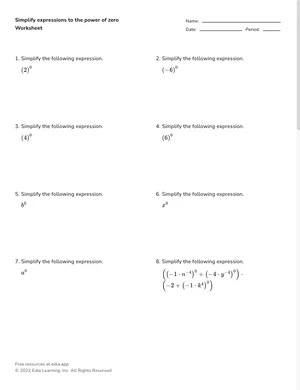 Simplify expressions to the power of zero worksheet preview