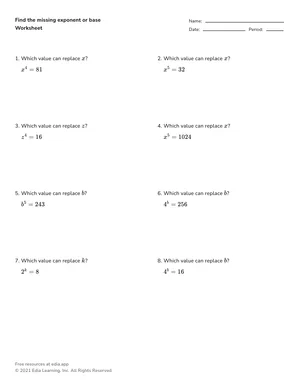 Find the missing exponent or base worksheet preview