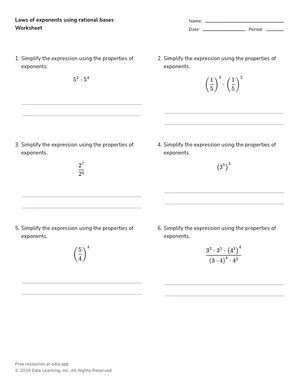 Laws of exponents using rational bases worksheet preview