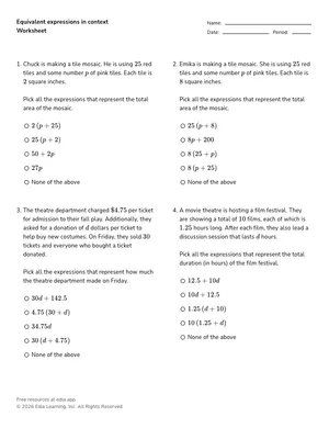 Equivalent expressions in context worksheet preview