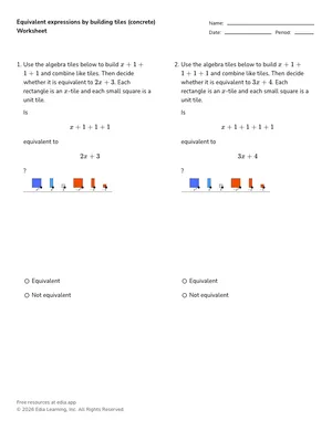 Equivalent expressions by building tiles (concrete) worksheet preview