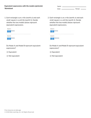 Equivalent expressions with tile models (pictorial) worksheet preview