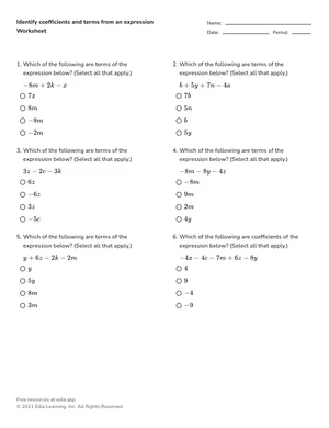 Identify coefficients and terms from an expression worksheet preview