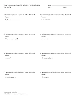 Write basic expressions with variables from descriptions worksheet preview