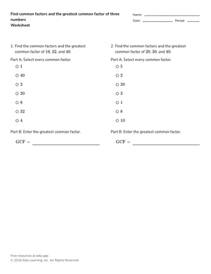 Find common factors and the greatest common factor of three numbers worksheet preview
