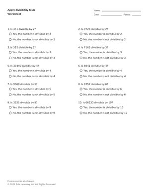 Apply divisibility tests worksheet preview