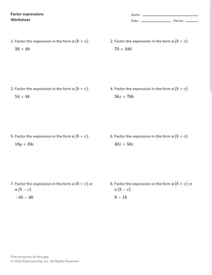 Factor expressions worksheet preview