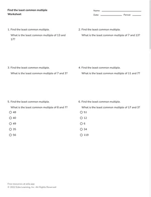 Find the least common multiple worksheet preview
