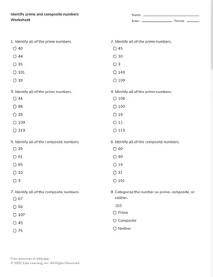 Identify prime and composite numbers worksheet preview