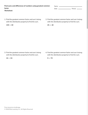 Find sums and differences of numbers using greatest common factor worksheet preview