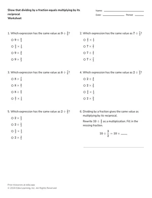 Show that dividing by a fraction equals multiplying by its reciprocal worksheet preview
