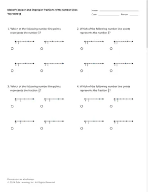 Identify proper and improper fractions with number lines worksheet preview
