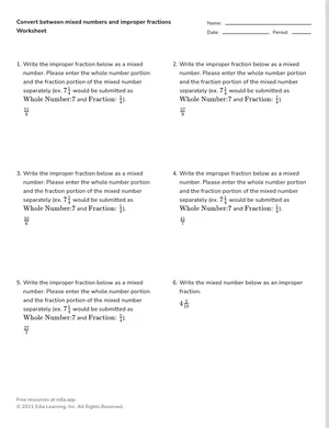 Convert between mixed numbers and improper fractions worksheet preview
