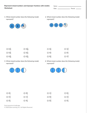 Represent mixed numbers and improper fractions with models worksheet preview