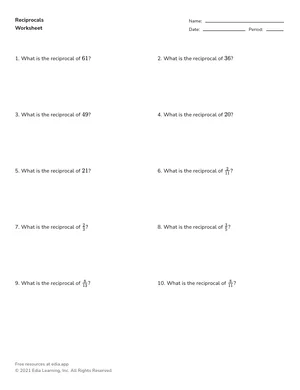 Find reciprocals of numbers worksheet preview