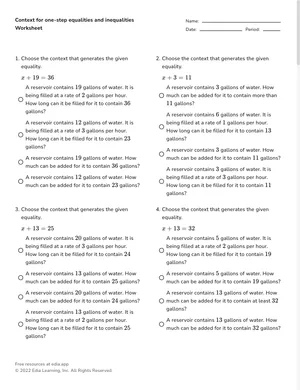 Context for one-step equalities and inequalities worksheet preview