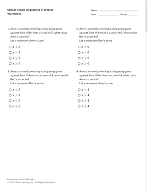 Choose simple inequalities in context worksheet preview