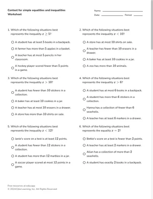 Context for simple equalities and inequalities worksheet preview