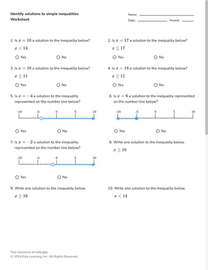 Identify solutions to simple inequalities worksheet preview