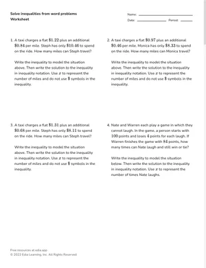 Solve inequalities from word problems worksheet preview