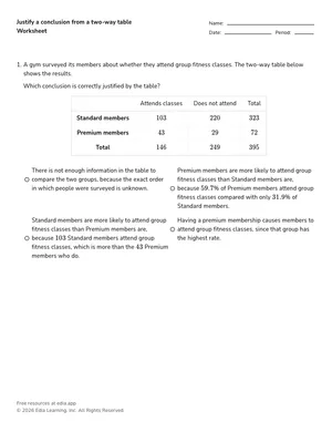 Justify a conclusion from a two-way table worksheet preview