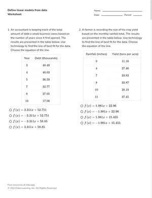 Define linear models from data worksheet preview